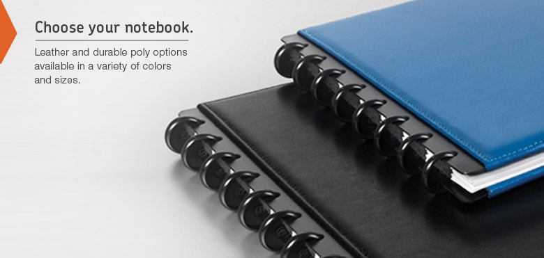 Choose your notebook. Leather and durable poly options available in a variety of colors and sizes.