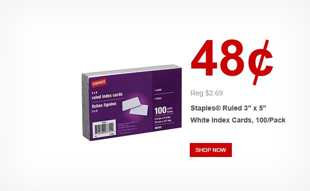 Staples Ruled 3 x 5 inch White Index Cards, 100/Pack - $0.48