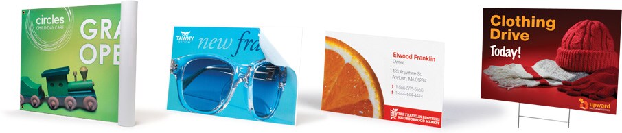 $34.99 Large Color Banner $9.99 Large Window Decal $26.99 500 Full Color Business Cards $14.99 Large Color Lawn Sign