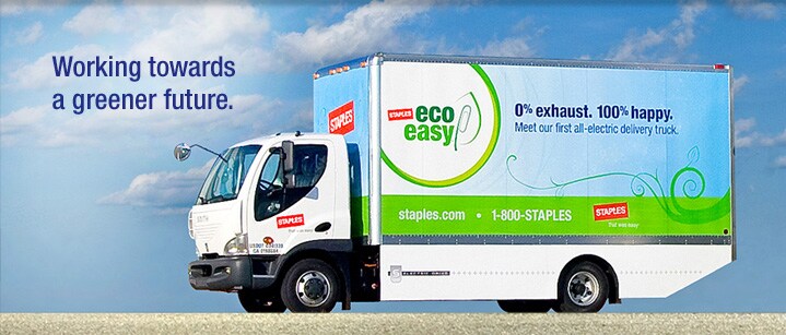 Working towards a greener future. Staples electric delivery trucks create 0% emissions