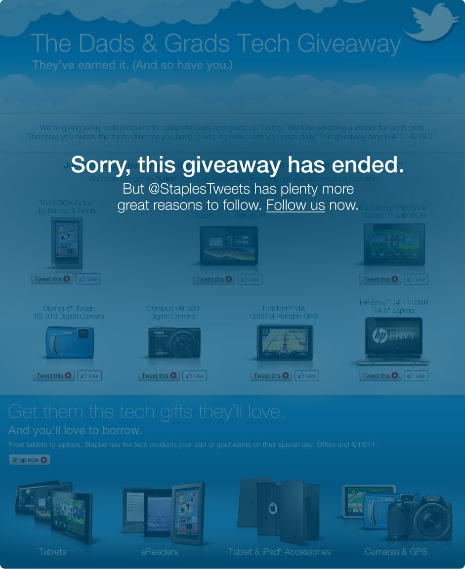 Sorry, this giveaway has ended. But @StaplesTweets has plenty more great reasons to follow. Follow us now.