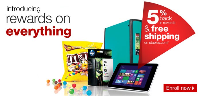 Introducing rewards on everything. 5% back in rewards and free shipping on staples.com.