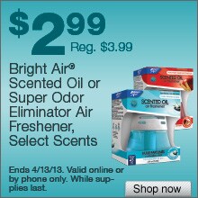Deal on Bright Air Scented Oil or Super Odor Eliminator Air Fresheners – Only $2.99