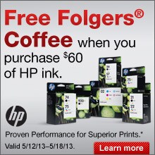 FREE Folgers coffee when you purchase $60 of HP ink