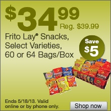 Deal on select Frito Lay Snacks, 60 or 64 Bags/Box  - Save $5