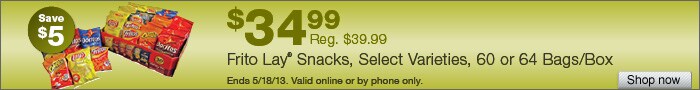 Deal on select Frito Lay Snacks, 60 or 64 Bags/Box  - Save $5