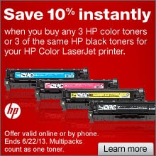 Save 10% instantly when you buy 3 HP color toners or 3 of the same black toners for our HP Color LaserJet printers. Ends 6/22/13