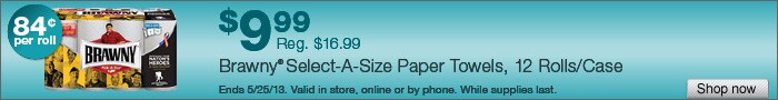Deal on Brawny Select-a-Size Paper Towels, 12 Rolls/Case – Now $9.99! That’s only 84 cents per roll!