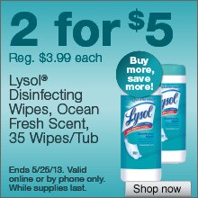 Deal on Lysol Disinfecting Wipes, Ocean Fresh Scent, 35 Wipes/Tub – 2 for $5!