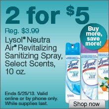 Deal on select Lysol Neutra Air Revitalizing Sanitizing Spray, 2 for $5!