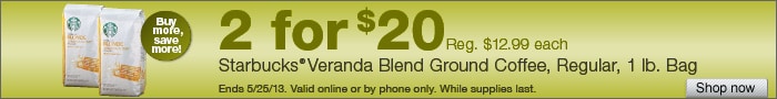 Deal on Starbucks Veranda Blend Ground Coffee, 1 lb. Bags – 2 for $20!