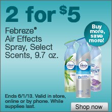 Deal on select Febreze Air Effects Spray, 9.7 oz. – 2 for $5