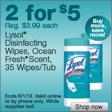 Deal on Lysol Disinfecting Wipes, Ocean Fresh Scent, 35 Wipes/Tub – 2 for $5