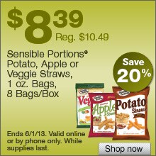 Deal on select Sensible Portions Apple, Potato, and Veggie Straws, 8 Bags/Box – Save 20%