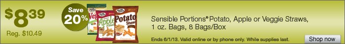 Deal on select Sensible Portions Apple, Potato, and Veggie Straws, 8 Bags/Box – Save 20%