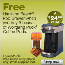 Deal on Hamilton Beach Brewer – Free when you buy 3 boxes of Wolfgang Puck Coffee Pods