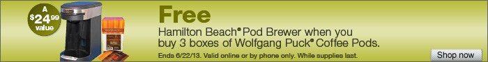 Deal on Hamilton Beach Brewer – Free when you buy 3 boxes of Wolfgang Puck Coffee Pods