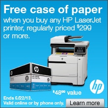 Free case of paper with the purchase of any HP Laserjet printer regularly priced 299 or more