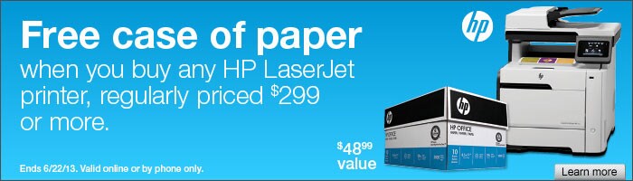 Free case of paper with the purchase of any HP Laserjet printer regularly priced 299 or more