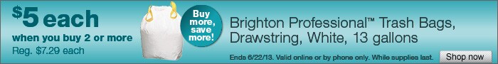 Deal on Brighton Professional Drawstring Trash Bags, 13 Gallon - $5 each when you buy 2 or more