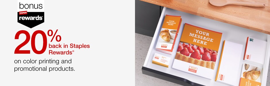 20% back in Staples Rewards on color printing and promotional products. 