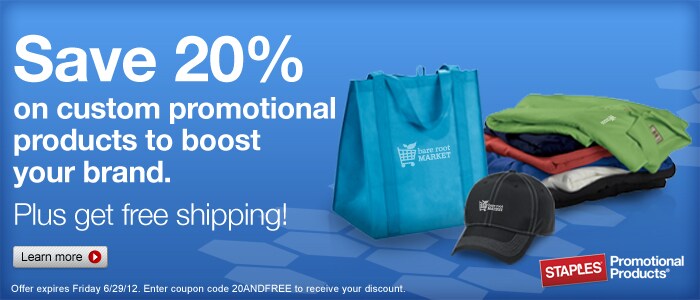 Save 20% on custom promotional products to boost your brand.