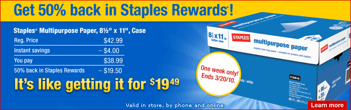 Save 50% on case paper after Staples Rewards.