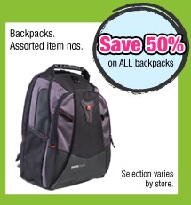 Backpacks. Assorted item nos. Save 50% on all backpacks. Selection varies by store.