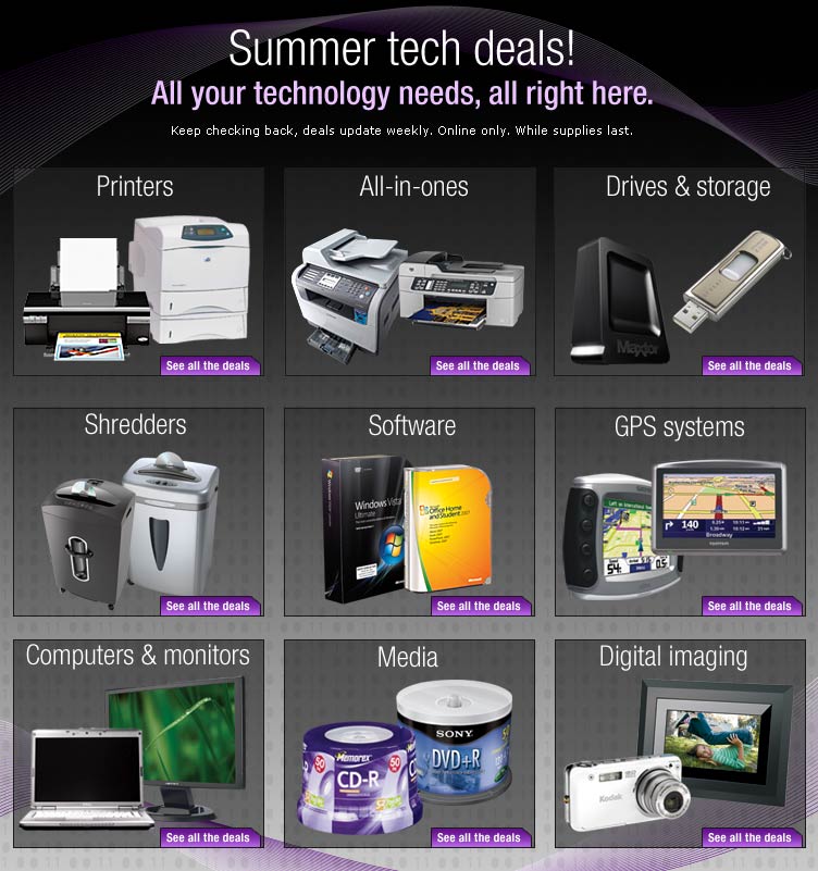 Weekly tech deals. All your tech needs, all right here. Keep checking back, deals update weekly. Online only. While supplies last. 