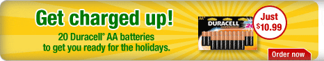 Get charged up! 20 Duracell&reg; AA batteries to get you ready for the holidays. Click here for pricing details.
