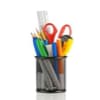 Office supplies - pen cup with writing supplies and scissors.