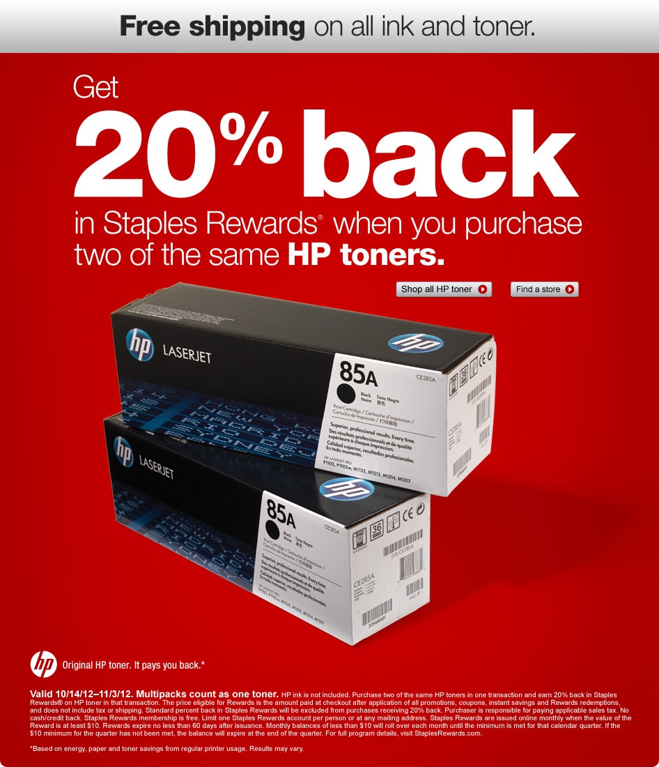 Get 20 back in Staples Rewards® when you purchase two of the same HP