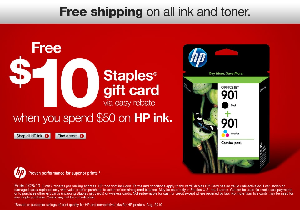 Free 10 Staples Gift Card When You Spend 50 On Hp Ink Via Easy Rebate