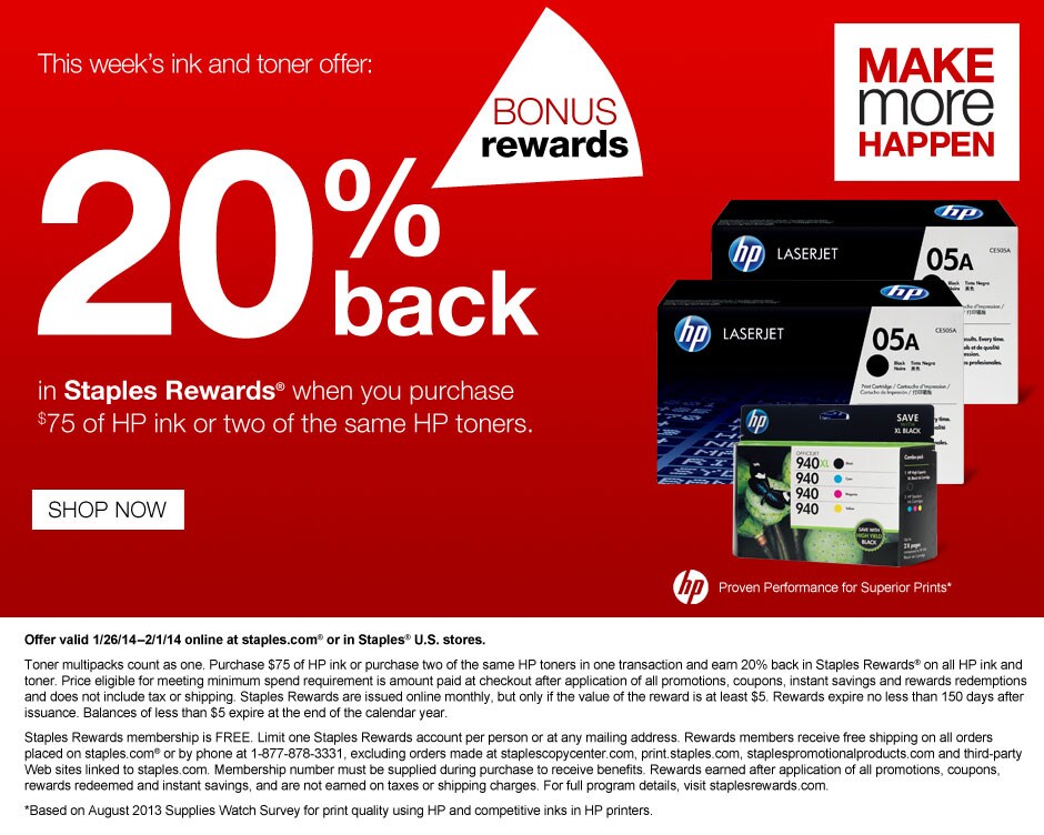 20% back in Staples Rewards® when you purchase $75 in HP ink or two of the same HP toners.