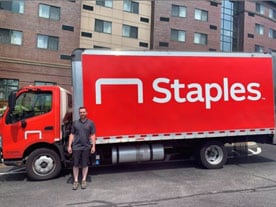 Staples office superstore sign. An American multinational office