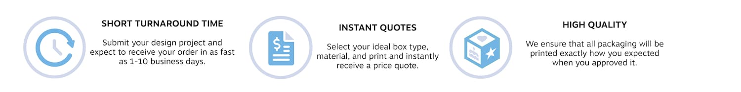 Short turnaround time. Submit your design project and expect to recieve your order in as fast as 1-10 business days. Instant quotes. Select your ideal box type, material, and print and instantly receive a price quote. High quality. We ensure that all packaging will be printed exactly how you expected when you approved it.