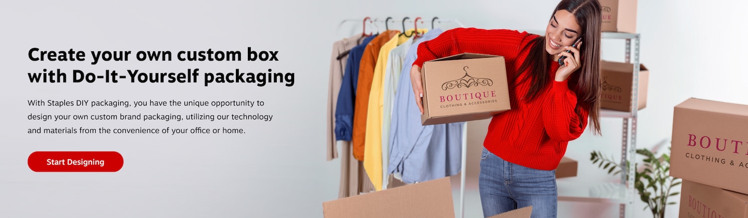Create your own custom box Do-It-Yourself packaging. With Staples DIY packaging, you have the unique opportunity to design your own custom brand packaging, utilizing our technology and materials from the convenience of your office or home. Start Designing