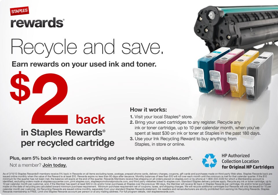 Recycle And Save Earn Staples Rewards On Your Used Ink And Toner Get 