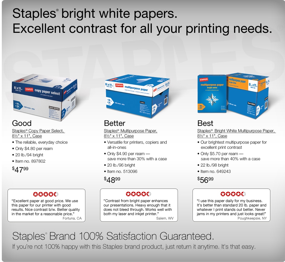 Staples® Bright White papers Excellent contrast for all your printing